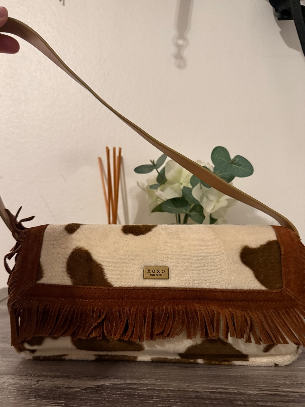 XOXO Brown and Cream Fringe Cowhide-Print Shoulder Bag
